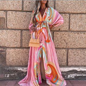 Pink Geometric print maxi swing dress